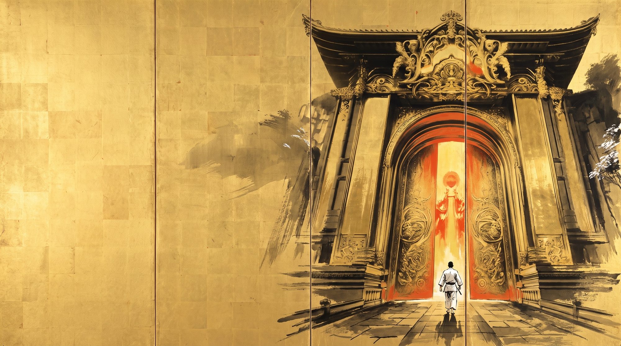 An ink-drawn temple gate on a gold-leaf screen, its vermilion doors open on light, a lone martial artist in a white gi walking in.
